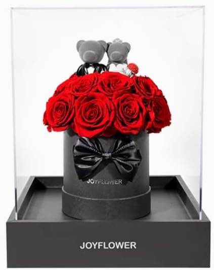 JoyFlower Preserved Real Rose Bear in Acrylic Box, Forever Flowers Red Rose Bear Wedding Gift for Women Wife Girlfriend Mom Grandma, Eternal Rose Gifts for, Anniversary, Christmas, Valentine's Day