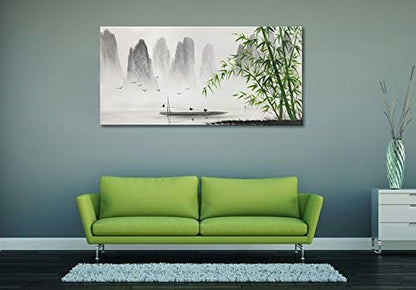 Chinese Shanshui Painting Black and White Landscape Wall Art Green Bamboo Canvas Artwork
