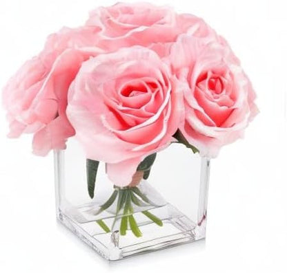 7 Large Stem Pink Rose Artificial Flowers in Vase, Fake Rose with Fake Flowers in Vase for Home Decor, Wedding Table (Pink)