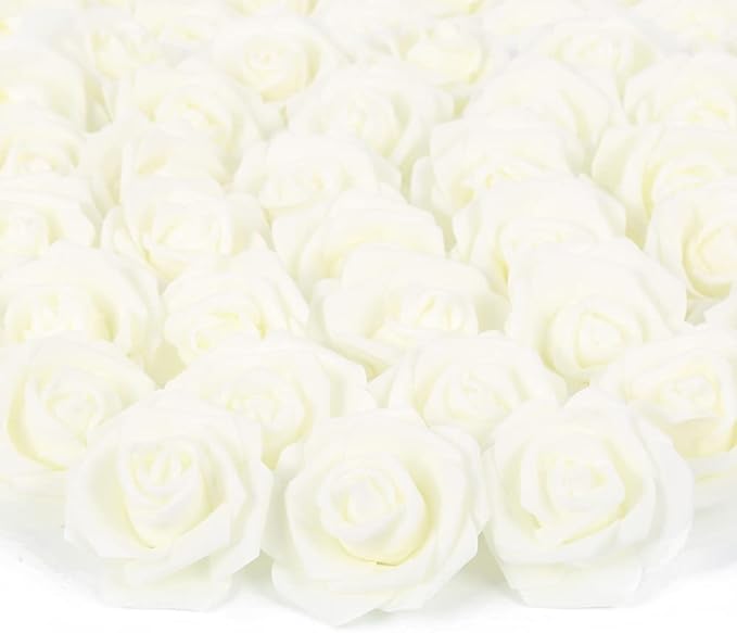Artificial Rose Flower Heads, 100pcs Ivory Fake Roses Artificial Flower Foam Rose for DIY Wedding Bouquets Centerpieces Arrangements Party Baby Shower Home Decor (Stemless, Ivory)