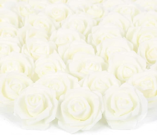 Artificial Rose Flower Heads, 100pcs Ivory Fake Roses Artificial Flower Foam Rose for DIY Wedding Bouquets Centerpieces Arrangements Party Baby Shower Home Decor (Stemless, Ivory)