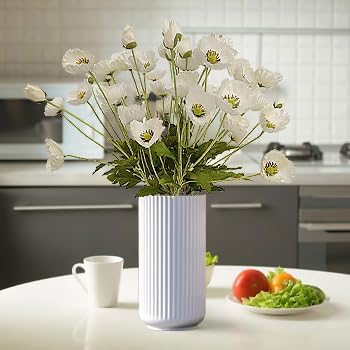 ATFL White Poppy Flowers Artificial for Wedding Decorations,12 Pcs Fake Faux Silk Poppies Bulk for Home Decor Table Centerpieces Floral Arrangement (23.5‘’, White)