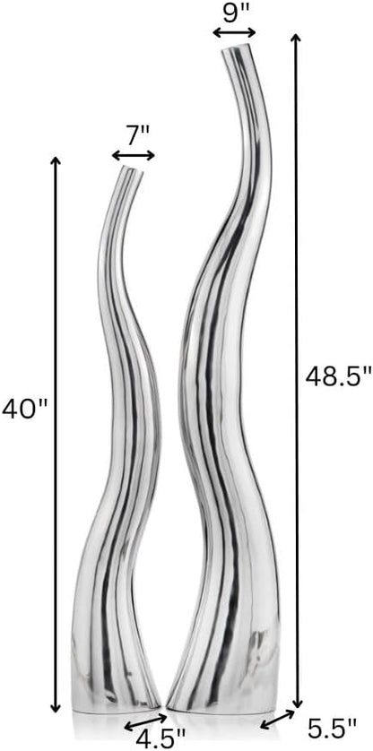Modern Day Accents 8790 Curva XL Tall Wiggly Vases Set of 2, Silver, Aluminum, Contemporary, Modern, Popular, Glam, Floor Standing, Large 9"L, 5.5"W, 48.5"H, Small Vase: 7”L x 4.5”W x 40"H House Decor