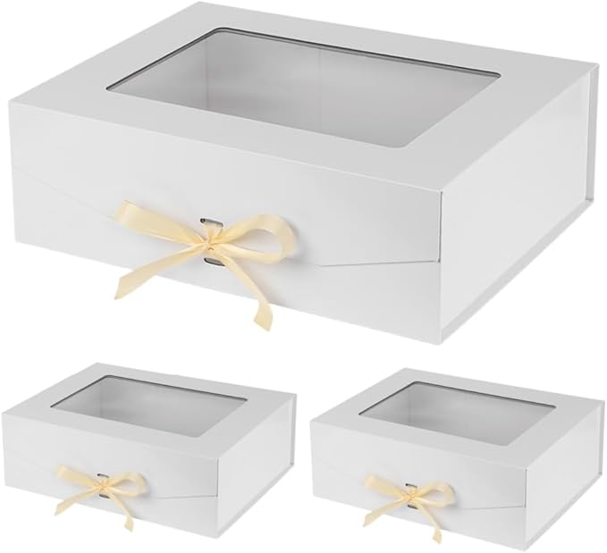 3 Pcs White Extra Large Gift Box for Presents with Ribbon 16.5x13x5.3 Inches Clear Gift Box with Window Magnetic Closure Gift Boxes with Lids