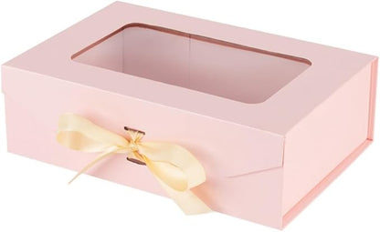 Pink Gift Box for Presents with Ribbon 10.8x7.5x3.5 Inches Clear Gift Box with Window Magnetic Closure Gift Boxes with Lids