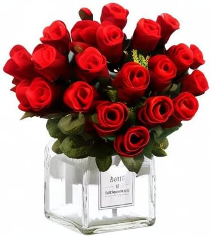 Artificial Rose Flowers Bouquet Burgundy 18 Blooms Long Stem Red Roses Bouquet Artificial Flowers Decoration for Home Table Garden Wedding Anniversary Valentine's Day Mother's Day Decor (A- Red)