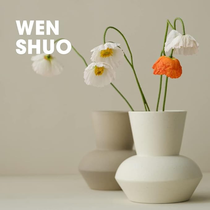 Wide Mouth Ceramic Flower Vase, Minimalist Decor for Living Room (Crème)