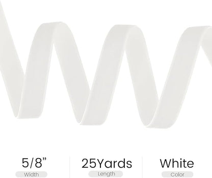 5/8" Wide x 25 Yards Velvet Ribbon, Vintage Single Face Velvet Ribbons for Gift Wrapping, Christmas Wrapping Bows, Wedding Decor, Sewing and More (White)