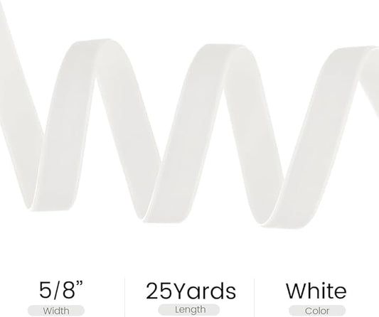 5/8" Wide x 25 Yards Velvet Ribbon, Vintage Single Face Velvet Ribbons for Gift Wrapping, Christmas Wrapping Bows, Wedding Decor, Sewing and More (White)