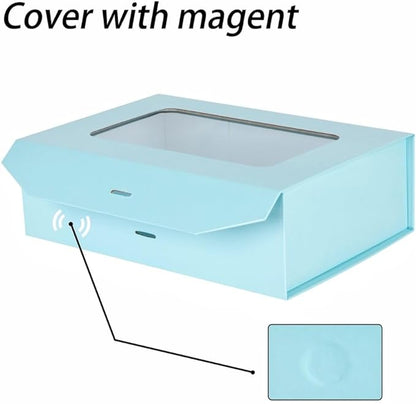 Blue Gift Box for Presents with Ribbon 10.8x7.5x3.5 Inches Clear Gift Box with Window Magnetic Closure Gift Boxes with Lids