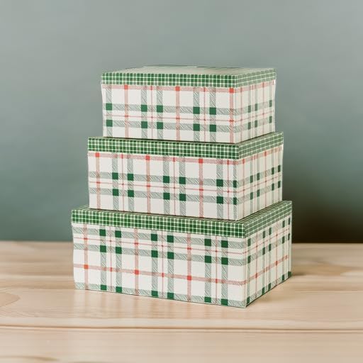 Soul & Lane Plaid Christmas Gift Box - Set of 3: Holiday Decor Storage Box, Decorative Photo Storage, Keepsake Boxes with Lids, Nesting Cardboard Containers for Presents, Seasonal Décor Bins