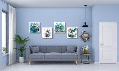 dgbtcart Ocean Bathroom Wall Art Watercolor Sea Turtle Starfish Whale Canvas Pictures Beach Coastal Prints Painting Marine Life Artwork for Living Room Bedroom Decorations 12"x12"x4pcs