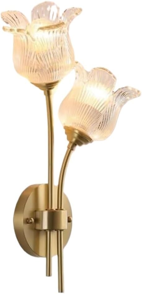 Elegant Double Head Wall Sconce, Vintage Brass Floral Design with Fluted Clear Glass Tulip Shades, Brushed Gold Accent Lamp for Living Room, Bedroom Bedside, Dining Room Decor