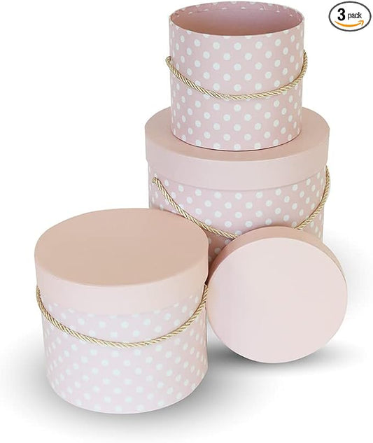 UNIKPACKAGING Premium Quality Round Flower Box, Gift Boxes for Luxury Flower and Gift Arrangements, Set of 3 pcs with Lids Size (S/M/L), Pink White Dots