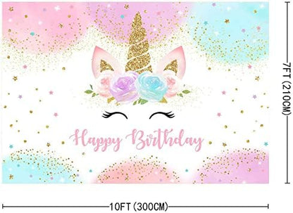Mocsicka Unicorn Birthday Decorations Unicorn Backdrop for Girls Birthday Party 10x7ft Pastel Rainbow Unicorn Glitter Stars Dots Happy Birthday Banner Photo Booth Props