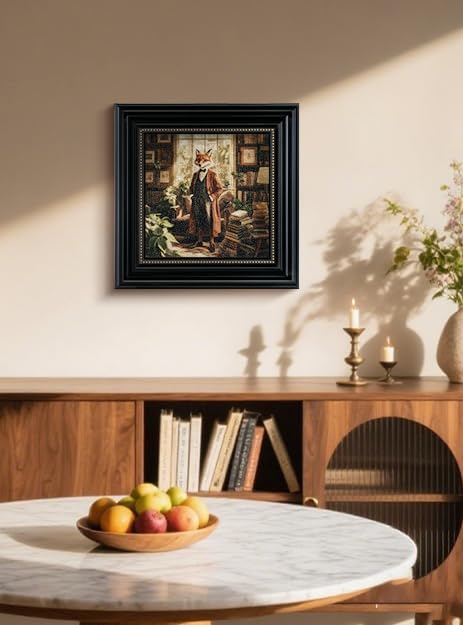 Vintage 3D Textured Fox Duke Scholar Framed Wall Art 16x16, Anthropomorphic Animal Portrait Sandstone Panel Print Artwork, Rustic Retro Farmhouse Living Room Bedroom Study Gallery Home Decor