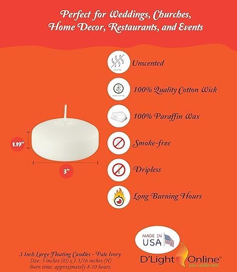 D'light Online Floating Candles Bulk Pack for Events, Weddings, Spa, Home Decor, Special Occasions and Holiday Decorations (Large - 3" (Set of 6), Pale Ivory)