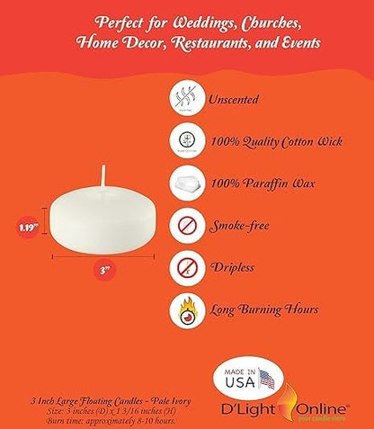 D'light Online Floating Candles Bulk Pack for Events, Weddings, Spa, Home Decor, Special Occasions and Holiday Decorations (Large - 3" (Set of 3), Pale Ivory)