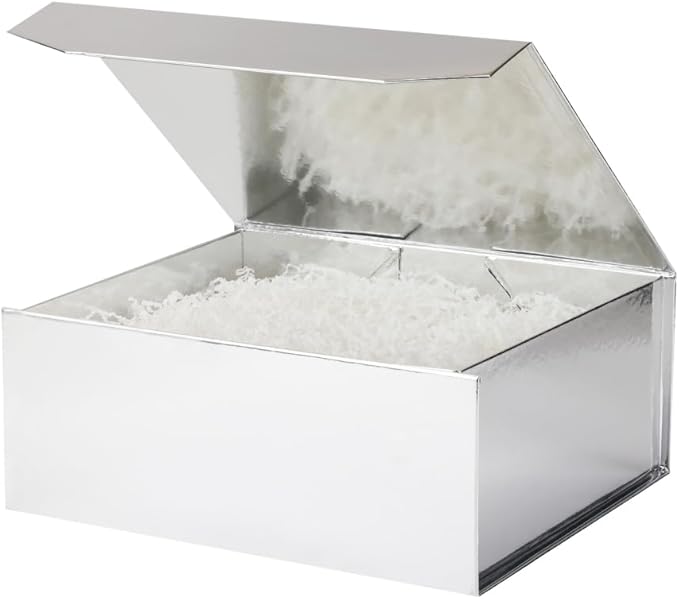6 Pcs Silver Gift Box Large 13x11x5.3 Inch Silver Large Gift Box with Crinkle Paper Magnetic Box with Shredded Paper Luxury Gift Boxes with Lids for Presents