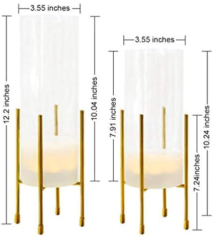 Flower Vase for Decor, Clear Vase with Gold Stand, Modern Decorative with Timer LED Lights Battery Operated, Centerpiece/Wedding/Party (Set of 2)