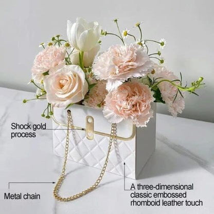 NADUSEP 4 PCS Flower Paper Gift Box, Wedding Bouquet Storage Bucket Florist Handbag with Metal Chain Flower Boxes Gift Wrap Bag for Bridal Shower Wedding Valentine's Day Mother's Day Birthday Festivals Party (Black Pink)