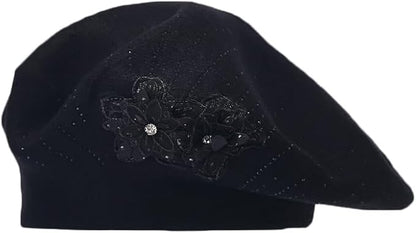 Flower Embroidery Beret Hat for Women, French Style Knitted Beret Hats, Stylish Solid Color Beret Cap for Women Girls Lady