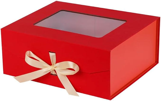 Red Gift Box for Presents with Ribbon 13.2x11x5.3 Inches Clear Gift Box with Window Magnetic Closure Gift Boxes with Lids