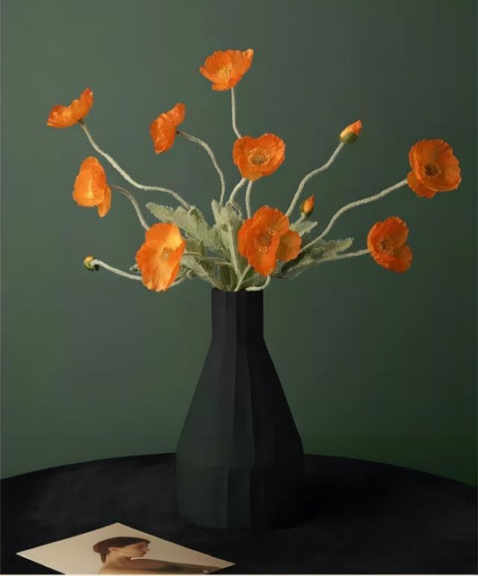 Set of 6 Poppies Flowers Artificial Silk Flowers with Long Stems Faux Wildflowers Bouquet for Vases Oil Pastel Style for Wedding Party Indoor Home Office Decor (Orange)