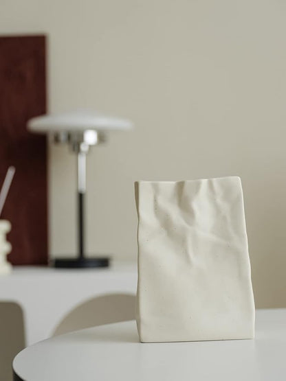 WENSHUO Crinkle Paper Bag Shape Ceramic Vase, Large Capacity for Flower Arrangement, Bookshelf Decorative (Matte Crème)