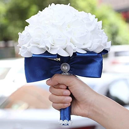 Wedding Bouquets for Brides or Bridesmaids Pearl Embellishment Roses Bridal Bridesmaid Wedding Hand Bouquet Artificial Fake Flowers.(Blue)