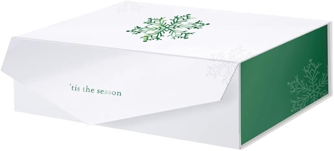 PACKHOME Large Christmas Gift Box 13.5x9x4.1 Inches, Sturdy Collapsible Gift Box with Magnetic Closure Lid (Green Snowflake Pattern)