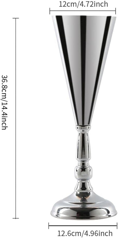 Tabletop Metal Wedding Flower Trumpet Vase Table Decorative Gold,Silver Candlestick Holders Flower Vase Stand Wedding Road Lead Tall Flower Holders (Silver, 10xM)