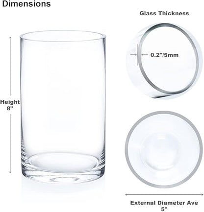 Enova Floral Set of 4 Clear Cylinder Glass Vase, 5W x 8H Inches Round Flowers Vase, Pillar Candle Floating Candle Holders, Floral Glass Vase for Home Office Decor, Wedding Centerpiece
