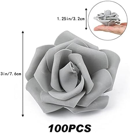 IPOPU Artificial Rose Flower Heads, 100 Pcs Real Looking Silver Gray Foam Fake Roses for DIY Wedding Baby Shower Centerpieces Arrangements Party Tables Home Decorations (Silver Gray, Stemless)