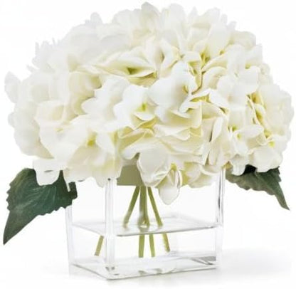 Faux Hydrangea Flowers in Vase, Small Silk Flowers in Vase with Fake Water for Home Decor Wedding Table (Cream)