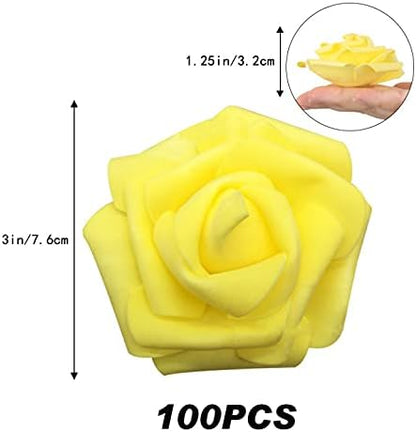 IPOPU 100 Pcs Artificial Rose Flower Heads Real Looking Yellow Foam Fake Roses for DIY Wedding Baby Shower Centerpieces Arrangements Party Tables Home Decorations (Yellow 1, Stemless)