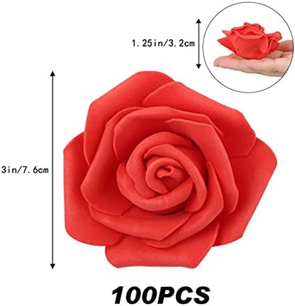 Artificial Rose Flower Heads, 100pcs Red Foam Rose Artificial Flower Heads for DIY Wedding Bouquets Centerpieces Arrangements Party Baby Shower Home Decor (Stemless, Red)