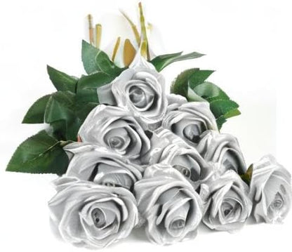 DuHouse 10pcs Silk Roses Artificial Flowers Fake Rose for Arrangement Wedding Party Home Decoration (Silver)