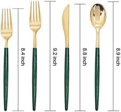 Supernal 180pcs Gold and Green Plastic Silverware Extra Heavy Duty Gold Plastic Cutlery with Green Glitter Handle Disposable Flatware for Parties, Weddings, and Outdoor Events