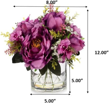 ENOVA FLORAL Artificial Silk Flower Arrangement with Vase,Mixed Artificial Silk Peony Flower in Vase for Decoration Home Office, Wedding Centerpiece (Purple)