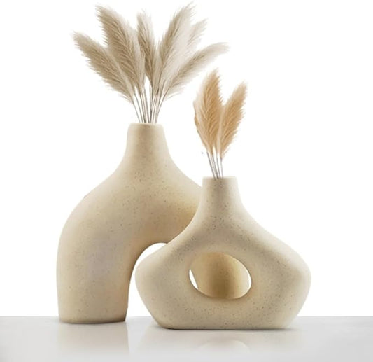 Donut Vase Set of 2, Cream Ceramic Vase for Home Decor, Minimalist Boho Vases for Pampas Grass, Modern Nordic Centerpieces for Living Room, Console Table, and Spring Decor