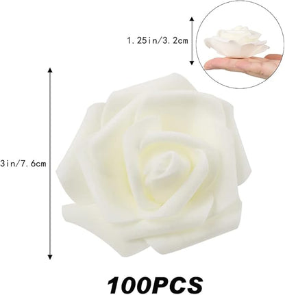 200pcs Ivory Artificial Foam Rose Flower Head, 3-Inch Fake Flower Heads Stemless Flowers for DIY Crafts,Wedding Bouquets Centerpieces Arrangements Party Baby Shower Home Decor (Ivory)