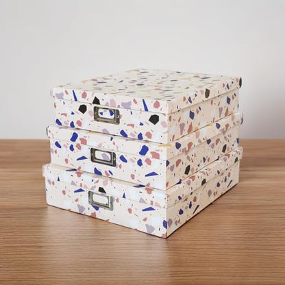 Soul & Lane Decorative Cardboard Storage Boxes With Lids for Home Décor, Set of 3 Nesting Photo Storage Box Set for Organizing, Scrapbooks, Keepsakes, Terrazzo Print Memory Containers