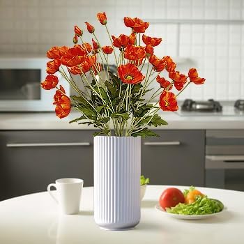 ATFL Orange and Red Poppy Flowers Artificial,12 Pcs Silk Fake Poppy Flowers,Faux Poppies Bulk for Home Decor Table Centerpieces Floral Arrangement,Poppies Bouquet for Wedding (23.5‘’, Orange-red)