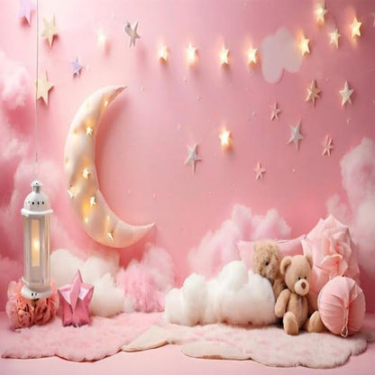 10x10ft Pink Cotton Cloud Backdrop Pink Flowers Moon and Stars Light Decor Cute Teddy Photography Background Children Baby Shower Backdrops for Shoot Photo Video Prop