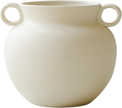 Round-Shape with Ear Wide Mouth Vase, Honey Pot-Shaped Decorative Plant Pot, No Drainage Hole (Crème)
