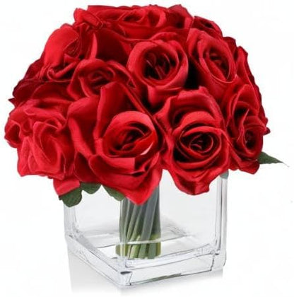 18 Heads Artificial Rose Flowers in Vase, Fake Rose Floral Arrangement in Vase with Fake Water for Dining Table Wedding Home Decor (Red)