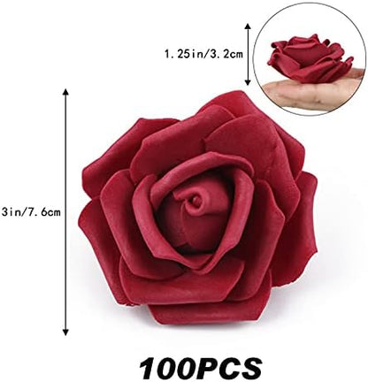 Artificial Rose Flower Heads, INSUNSIX 100pcs Burgundy Fake Roses Artificial Flower Foam Rose Heads for DIY Wedding Bouquets Centerpieces Arrangements Party Baby Shower Home Decor (Stemless, Burgundy)