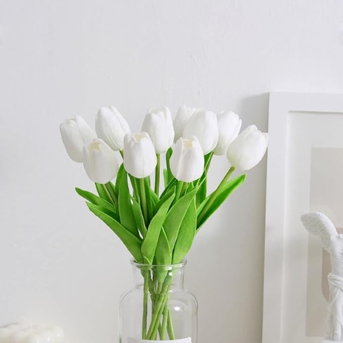 30 Pcs Fake Latex Tulips Artificial Flowers Faux Tulip Stems Real Touch Tulips for Wedding Party Home Easter Decoration (White)