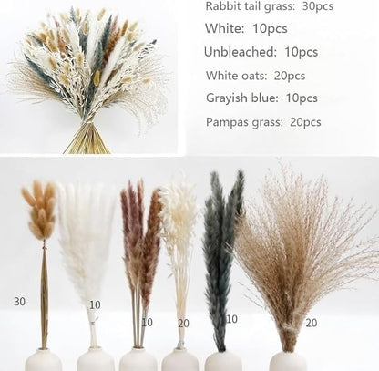 100PCS Air Dried Pampas Grass 6kind Mix Bouquet. Eternal Flower. for Wedding. Party,Photo Props Decor. Boho Dried Floral Arrangement Centerpiece